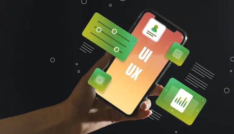 Illustration of UI/UX designer using AI tools in a digital workspace